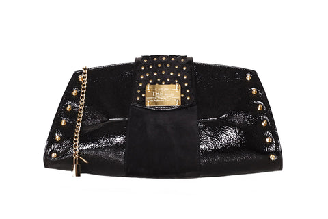 Trapezoid Studded Shiny Black Clutch